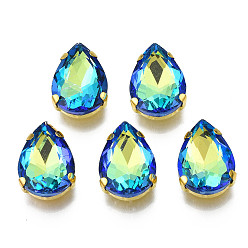 Светло-зеленый Шить на горный хрусталь, многожильных ссылки, стекло горный хрусталь, с позолотой 201 зубцы из нержавеющей стали, аксессуары для одежды, граненые, слеза, светло-зеленый, 14x10x6 мм, отверстие : 1 мм