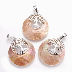 Раковина Подвески из раковины, с горный хрусталь и платиновый оттенок выводов из латуни, плоские круглые с дерева жизни, 32.5~33x27.5~28x5~6 мм, отверстие : 5x7 мм
