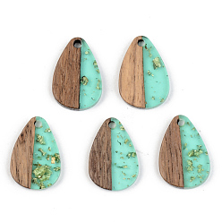 Бледно-бирюзовый Подвески из прозрачной смолы и ореха, с золотой фольгой, слеза, бледные бирюзовая, 21.5x14.5x3 мм, отверстие : 2 мм