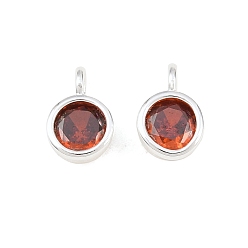 Rot Messing pflastern Zirkonia Charme, mit Ringe springen, Einzelstein-Anhänger, flache runde Charme, Silbern Silberfarbig, rot, 9x6x4 mm, Bohrung: 1.8 mm
