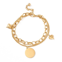 Golden 304 Stainless Steel Chain Multi-strand Bracelet with Flat Round & Heart Charms for Women, Golden, 7-1/8 inch(18.2cm)