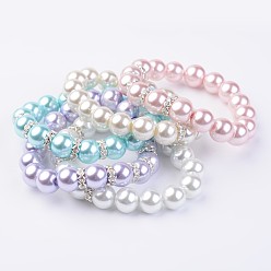 (52) Непрозрачная лаванда Стеклянные под жемчуг браслеты простирания, с латунной прокладки Rhinestone, серебряный цвет гальваническим, разноцветные, 2-1/8 дюйм (53 мм)