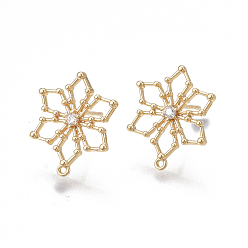 Real 18K Gold Plated Brass Stud Earring Findings, with Loop, Cubic Zirconia, Nickel Free, Real 18K Gold Plated, Flower, Clear, 16.5x13mm, Hole: 0.8mm, Pin: 0.8mm
