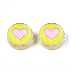 Yellow Transparent Acrylic Beads, with Enamel, Flat Round with Heart, Yellow, 23x9mm, Hole: 3mm