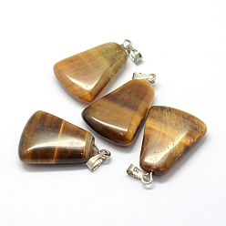 Tiger Eye Trapezoid Natural Tiger Eye Pendants, with Platinum Tone Brass Findings, 24~25.5x16.5~17x5~6mm, Hole: 2x7mm
