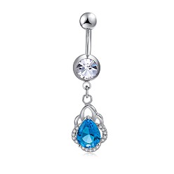 Deep-Sky-blau Piercing-Schmuck, Messing Zirkonia Nabel Ring, Bauchringe, mit 304 Edelstahlleiste, Bleifrei und cadmium frei, Träne, Platin Farbe, Deep-Sky-blau, 42 mm, Stange: 15 Spurweite(1.5mm), Stangenlänge: 3/8"(10mm)