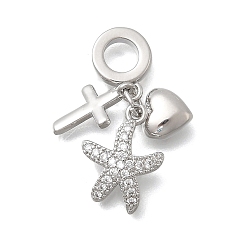 Морская звезда Латунь микропаве прозрачный кубический цирконий европейские подвески с подвесками, подвески в форме креста и сердца с большим отверстием, без кадмия и без свинца, долговечный, стойки покрытие, платина, морская звезда, 28.5 мм, отверстие : 5.5 мм