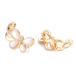 Real 18K Gold Plated Brass Micro Pave Clear Cubic Zirconia Twister Clasp, with Shell, Nickel Free, Butterfly, Real 18K Gold Plated, 16.5x27x8.5mm, Hole: 3.5x2mm