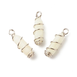 New Jade Natural New Jade Double Terminal Pointed Pendants, with Platinum Tone Copper Wire Wrapped, Bullet, 26~26.5x8mm, Hole: 2.5~2.8mm