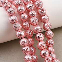 Pink Гальванические бусины из натуральной лавы, круглые, розовые, 8.5~9 мм, отверстие : 1.2 мм, около 46~47 шт / нитка, 15.16'' (38.5 см) ~ 15.35'' (39 см)