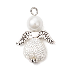 Белый Стеклянные жемчужины круглые бусины и бусины из АБС пластика имитация жемчуга подвески, ангел, с крылом из сплава и железной петлей, белые, 28.5x20x8 мм, отверстие : 3 мм