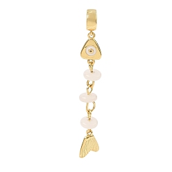 Gemstone Brass Pave Cubic Zirconia Clear Cubic Zirconia & Natural White Jade & Enamel European Dangle Charms, Large Hole Charms, Fish, Rack Plating, Long-Lasting Plated, Cadmium Free & Lead Free, Real 18K Gold Plated, 54.5mm, Hole: 5.5mm