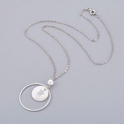 Platinum Brass Pendant Necklaces, with Shell Beads and Iron Findings, Flat Round with Tortoise, Platinum, 18.11 inch(46cm), Pendant: 43x30mm