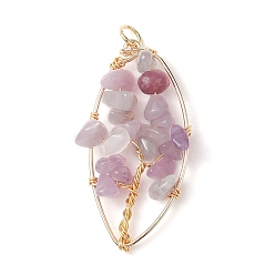 Lepidolite Natural Lepidolite Chip Pendants, Golden Plated Brass Leaf Charms, 35~37x17~19x4.5~6.5mm, Hole: 3.3mm