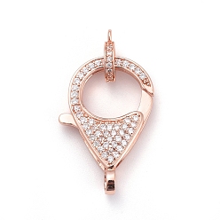 Розовое Золото Латунные микро проложить кубического циркония когтя омара застежками, с поручнями/трубчатыми поручнями, прозрачные, розовое золото , застежка : 26.5x17.5x5.5 mm, отверстие : 2.5 мм, трубчатые поручни: 9.5x7.5x2мм, отверстие : 1.2 мм