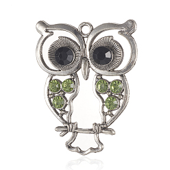 Péridot Antique alliage d'argent strass hibou gros pendentifs, péridot, 55x45x3mm, Trou: 3.5mm