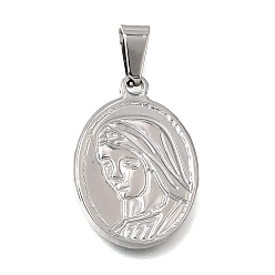 Stainless Steel Color 304 Stainless Steel Pendants, with 201 Stainless Steel Snap On Bails, Oval with Virgin Mary Charms, Stainless Steel Color, 24x16.5x2mm, Hole: 6x3.5mm