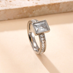 Квадрат 304 Кольца из нержавеющей стали с кристаллами и стразами, цвет нержавеющей стали, квадратный, размер США 7 (17.3 мм)