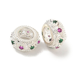 Серебро Покрытие стойки латунь микро паве разноцветные европейские бусины с кубическим цирконием, бусины с большим отверстием, долговечный, без свинца и без кадмия, рондель, серебряные, 7.8x4 мм, отверстие : 4 мм