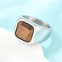 Tiger Eye 304 Stainless Steel with Natural Tiger Eye Finger Rings for Men, Square, Stainless Steel Color, 15mm, Inner Diameter: 20mm