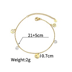 Прозрачный Богемный стиль 304 браслеты на лодыжку из нержавеющей стали с подвеской в виде цветка в форме китового хвоста и плоскими круглыми фианитами, реальный 18 k позолоченный, прозрачные, 8-1/4 дюйм (210 мм)