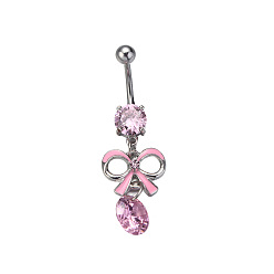 Pink Anillos colgantes para el ombligo con forma de lazo, barra curva y circonitas cúbicas engastadas en aleación., con 304 barra de acero inoxidable, Platino, rosa, 45 mm