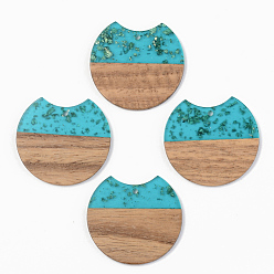 Dark Turquoise Transparent Resin & Walnut Wood Pendants, with Gold Foil, Gap Flat Round, Dark Turquoise, 34x36.5x3mm, Hole: 2mm