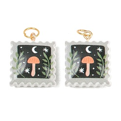 Квадрат Печатные подвески из непрозрачного акрила, с петлями из нержавеющей стали, золотые, квадрат с подвесками в виде грибов, 25x20x9 мм, Перейти кольцо: 7x0.7 мм, внутренний диаметр: 5.7 мм