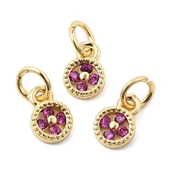 Светло-Вишневый Латунные микро проложить кубического циркония подвески, плоский круг с подвеской в виде клевера, без свинца и без кадмия, долговечный, стойки покрытие, реальный 18 k позолоченный, светло-вишневый, 8x6x2 мм, Перейти кольцо: 5x1 мм, внутренний диаметр: 3 мм