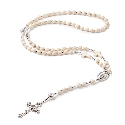 Blanco Antiguo Collar de cuentas de rosario de piedra de lava natural y turquesa sintética, cruz de aleación con collar colgante de virgen maría para mujer, blanco antiguo, 24.80 pulgada (63 cm)