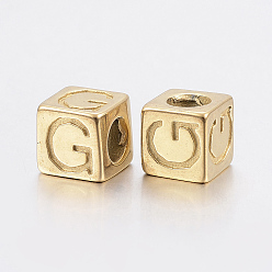 Golden 304 Stainless Steel Large Hole Letter European Beads, Horizontal Hole, Cube with Letter.G, Golden, 8x8x8mm, Hole: 5mm