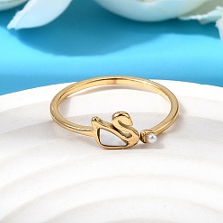 Лебедь 304 Кольца-манжеты для женщин из нержавеющей стали, натуральной ракушки и искусственного жемчуга, реальный 18 k позолоченный, ионное покрытие (ip), долговечный, кремово-белые, лебедь, внутренний диаметр: 17.4 мм