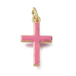 Pink Brass Enamel Pendants, Cross Charms, Cadmium Free & Lead Free, Rack Plating, Long-Lasting Plated, Real 18K Gold Plated, Pink, 19x11.5x2.5mm, Hole: 3mm