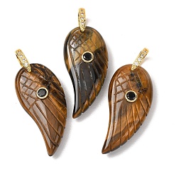 Tiger Eye Natural Tiger Eye Pendants, Feather, Golden, 36.5~37x17x8~9mm, Hole: 6x6.5mm