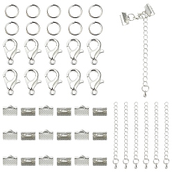 Platinum 50 Pieces DIY Ribbon Ends Making Kits, Including Iron Ribbon Crimp Ends & Unsoldered Jump Rings, Zinc Alloy Lobster Claw Clasps, Brass Chain Extenders, Platinum, 7x10mm