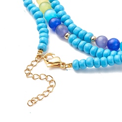 Deep Sky Blue Glass Seed & Cat Eye Waist Beads, Brass Evil Eye Charm Belly Chains for Women, Deep Sky Blue, 31.69 inch(80.5cm)
