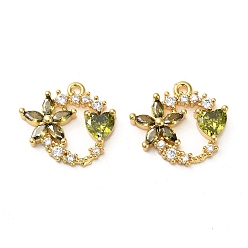Светло-зеленый Коричневый Латунные микро проложить кубического циркония подвески, венок, реальный 18 k позолоченный, оливковый, 15x16.5x4 мм, отверстие : 1.2 мм