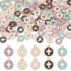(52) Непрозрачная лаванда 120 шт 5 цвета позолоченные подвески из сплава с эмалью, плоские круглые с крестом, разноцветные, 15x12x1.5 мм, отверстие : 1.6 мм, 24 шт / цвет