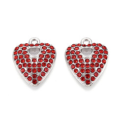 Платина Подвески из сплава и страза, сердце, без свинца и без кадмия, платина, 21x17x3.5 мм, отверстие : 1.8 мм