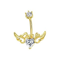 Прозрачный 304 изогнутые кольца для живота с подвеской из нержавеющей стали и кубическим цирконием, сердце с крыльями ангела, золотые, прозрачные, длина стержня: 3/8"(10мм), штифты : 1.2 мм