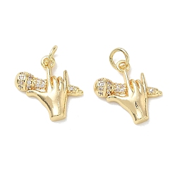 Clear Brass Micro Pave Cubic Zirconia Pendants, Hand with Microphone Charms, Real 18K Gold Plated, 16x16x3mm, Hole: 3.5mm