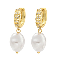 Настоящее золото 18K Серьга-кольцо из латуни с микропаве, покрытие стойки, прозрачный кубический цирконий, без кадмия и без свинца, долговечный, с ABS имитации жемчуга, овальные, реальный 18 k позолоченный, 32x11 мм