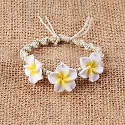 Белый Плюмерия цветок полимерная глина бусины плетеные браслеты из бусин для женщин, с регулируемым восковым шнуром, белые, внутренний диаметр: 2-3/8 дюйм (6 см)