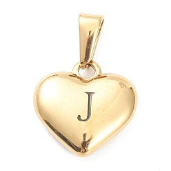 Letter J 304 Stainless Steel Pendants, Heart with Black Letter, Golden, Letter.J, 16x16x4.5mm, Hole: 7x3mm