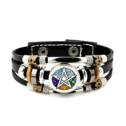 Colorful Imitation Leather Triple Lines Multi-strand Bracelets with Flat Round Links, Colorful, 8-1/8 inch(20.5cm)