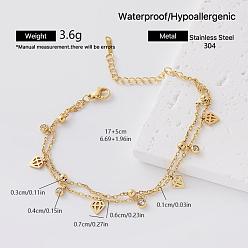Diamond 304 Stainless Steel Pave Clear Cubic Zirconia Charm 2-Strand Bracelets for Women, Golden, Diamond, 6.69 inch(17cm)