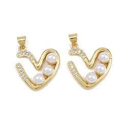 Настоящее золото 16K Латунные микро проложить кубического циркония подвески, сердце, с абс пластмассовой имитационной жемчужиной, реальный 16 k позолоченный, 22.5x20.5x5.5 мм, отверстие : 4.5x3.5 мм