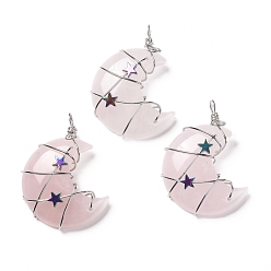 Розовый Кварц Природного розового кварца подвески, с латунной проволокой платинового оттенка и бусинами в виде звезд из гематита, без кадмия и без свинца, луна, 45.5~47x32.5~33.5x11~12 мм, отверстие : 5 мм