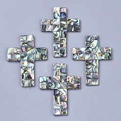 Colorful Single-Sided Natural Abalone Shell/Paua Shell Big Pendants, with Freshwater Shell Back, Cross, Colorful, 52~53x38.5~40x2.5mm, Hole: 1.4mm