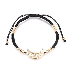 Schwarz Muttertag Geschenke, verstellbare Nylonschnur geflochtenen Perlen Armbänder, mit Messing-Mikropflaster-Zirkonia-Gliedern und Messing-Rundperlen, Mond mit Wort Mama, golden, Schwarz, Innendurchmesser: 2-1/4~3-3/4 Zoll (5.7~9.5 cm)